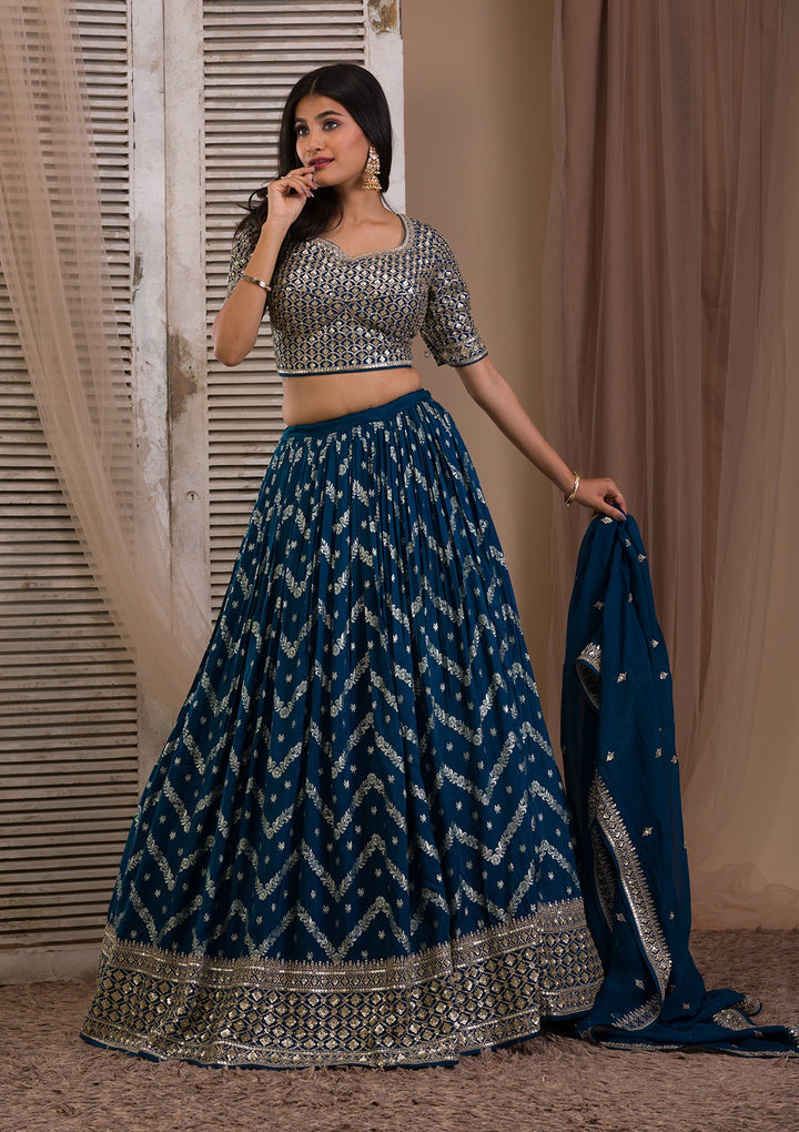 Peacock Blue Sequins Banarasi Readymade Lehenga-Koskii