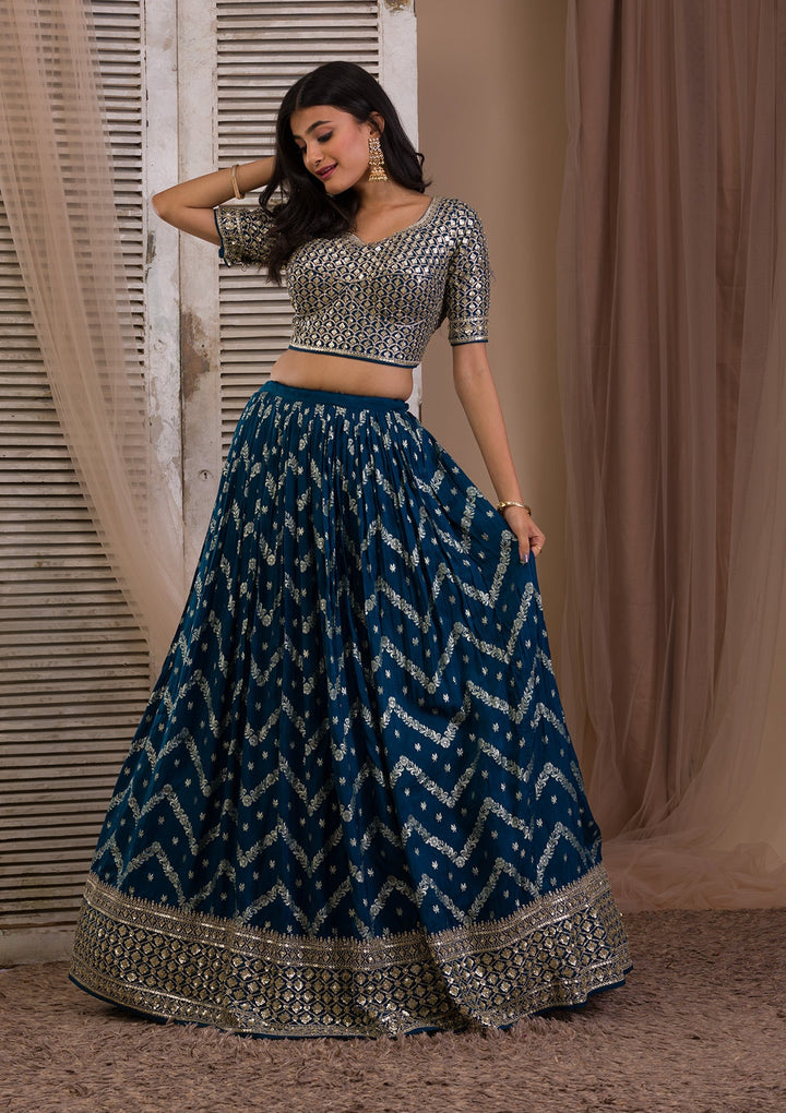Peacock Blue Sequins Banarasi Readymade Lehenga-Koskii