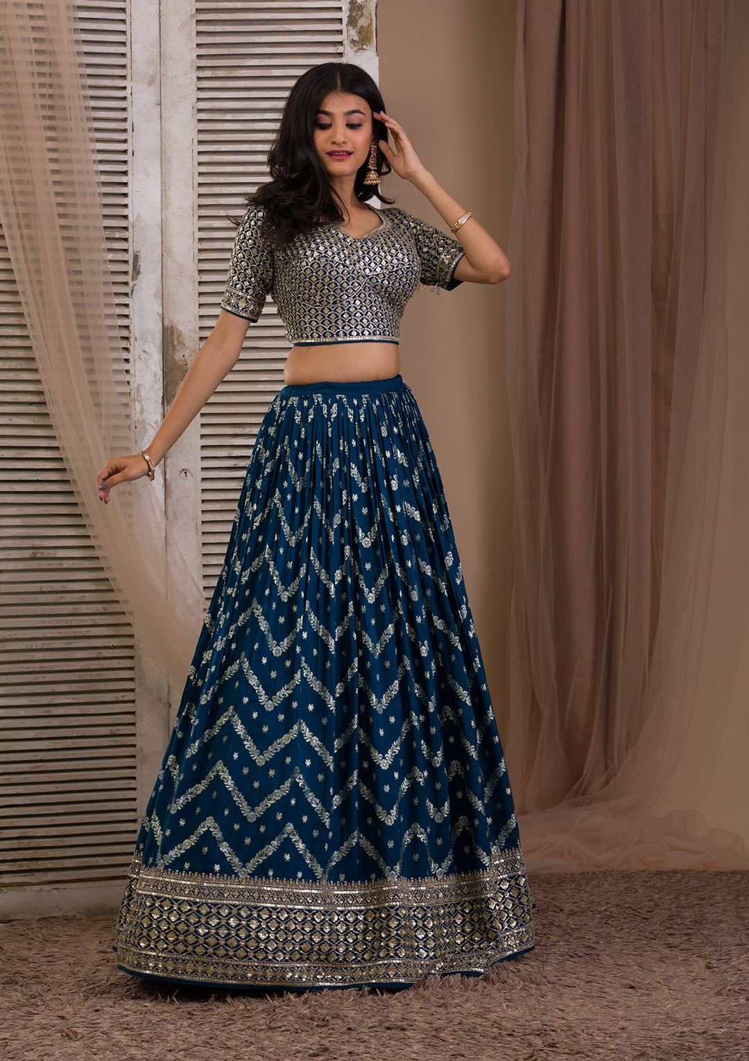 Peacock Blue Sequins Banarasi Readymade Lehenga-Koskii