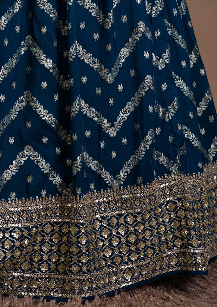 Peacock Blue Sequins Banarasi Readymade Lehenga-Koskii