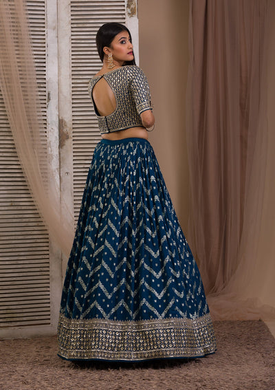 Peacock Blue Sequins Banarasi Readymade Lehenga-Koskii