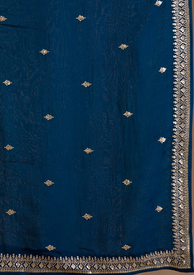 Peacock Blue Sequins Banarasi Readymade Lehenga-Koskii