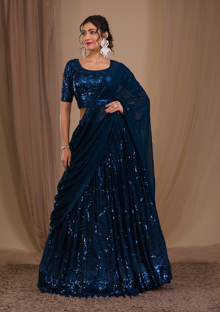 Peacock Blue Sequins Georgette Readymade Lehenga-Koskii
