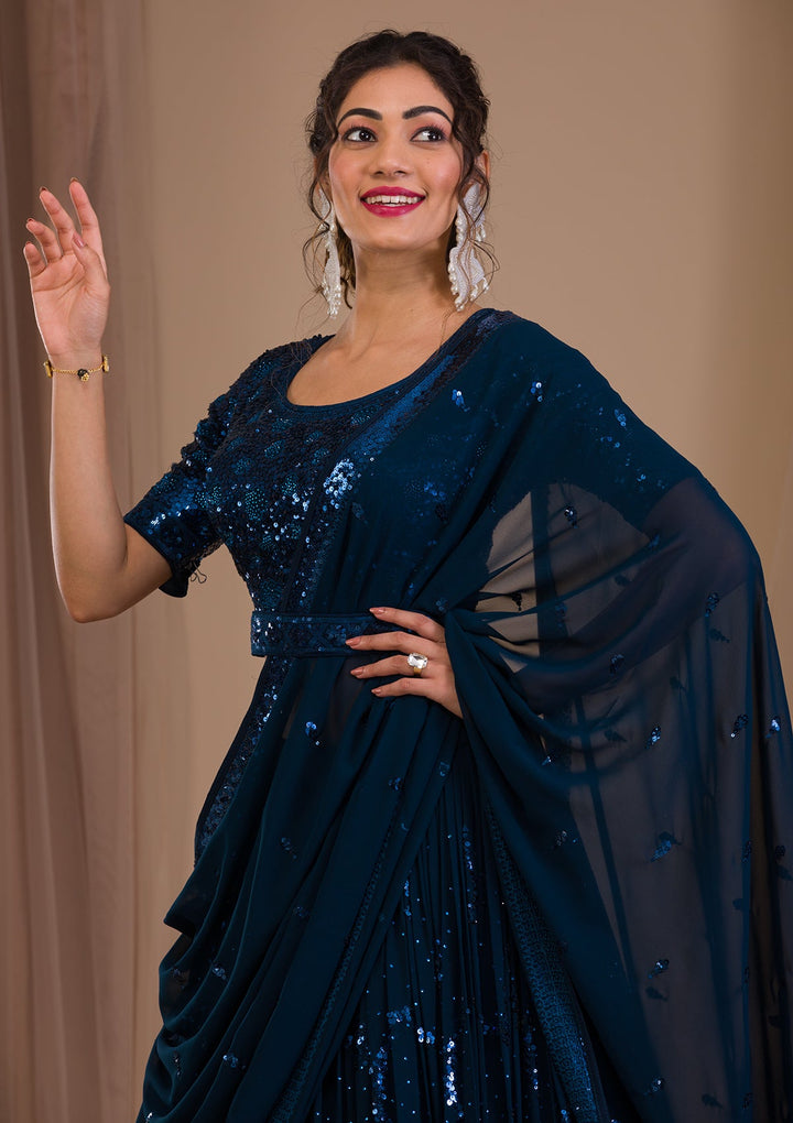 Peacock Blue Sequins Georgette Readymade Lehenga-Koskii