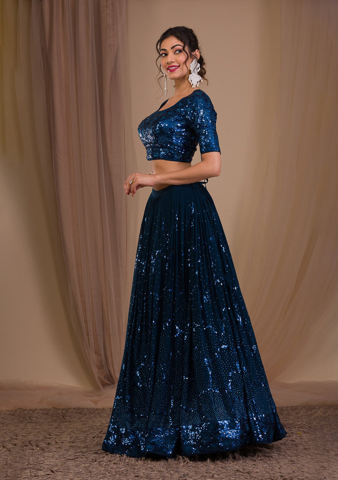 Peacock Blue Sequins Georgette Readymade Lehenga-Koskii