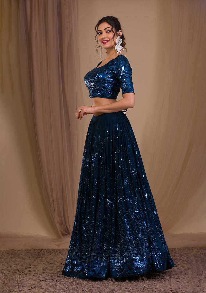 Peacock Blue Sequins Georgette Readymade Lehenga-Koskii