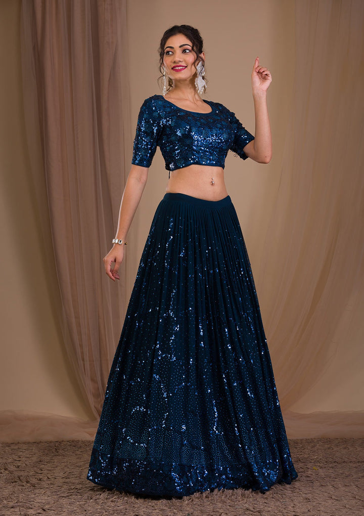 Peacock Blue Sequins Georgette Readymade Lehenga-Koskii