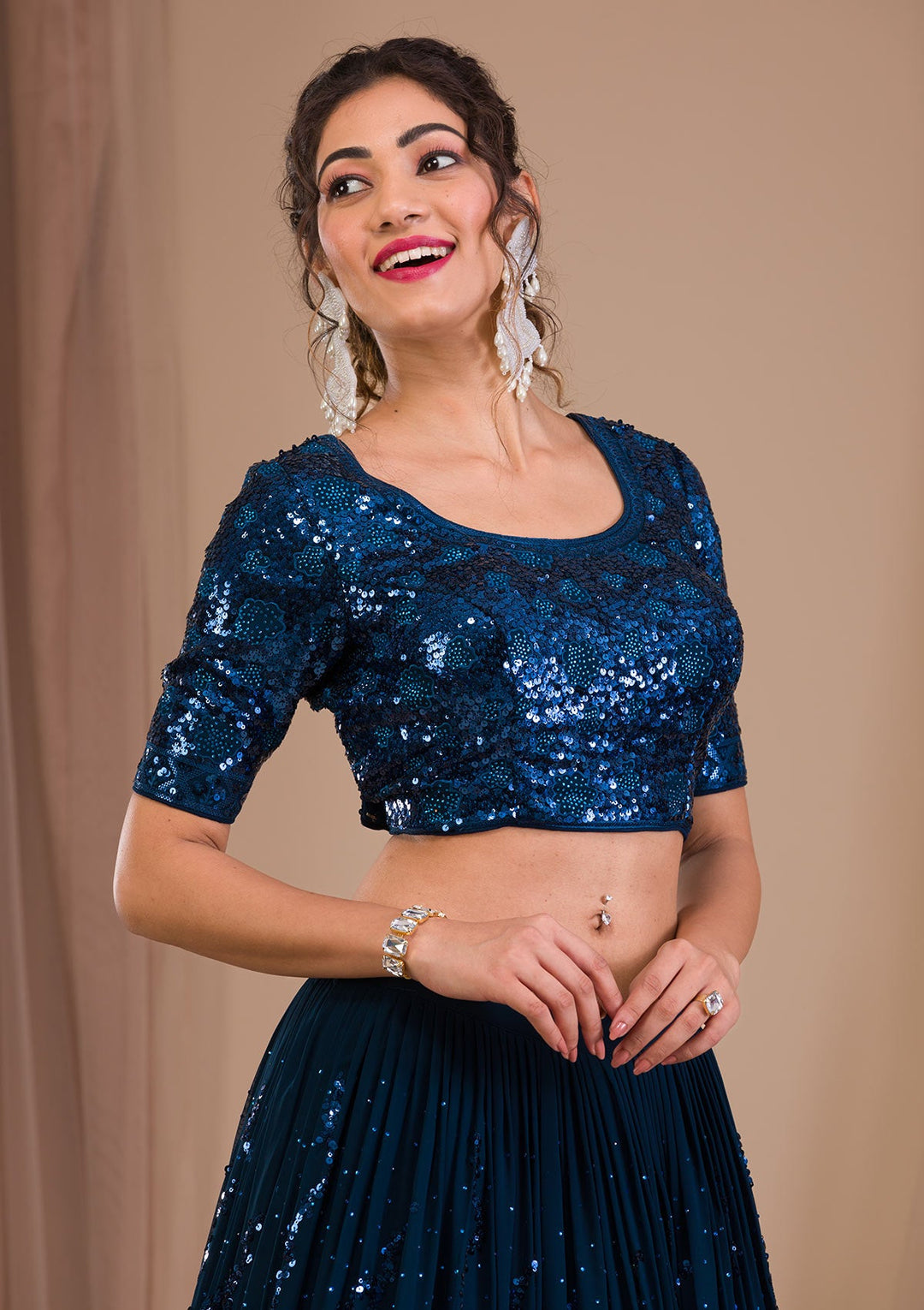 Peacock Blue Sequins Georgette Readymade Lehenga-Koskii