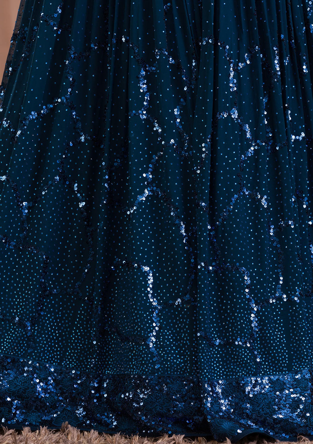 Peacock Blue Sequins Georgette Readymade Lehenga-Koskii