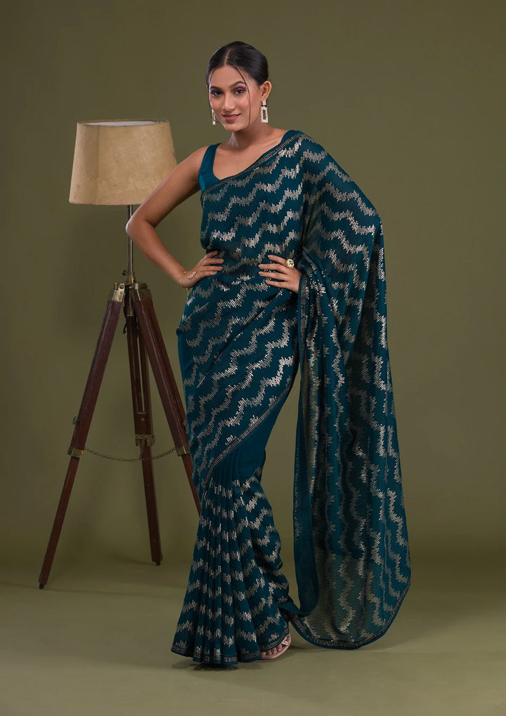 Peacock Blue Sequins Georgette Saree-Koskii