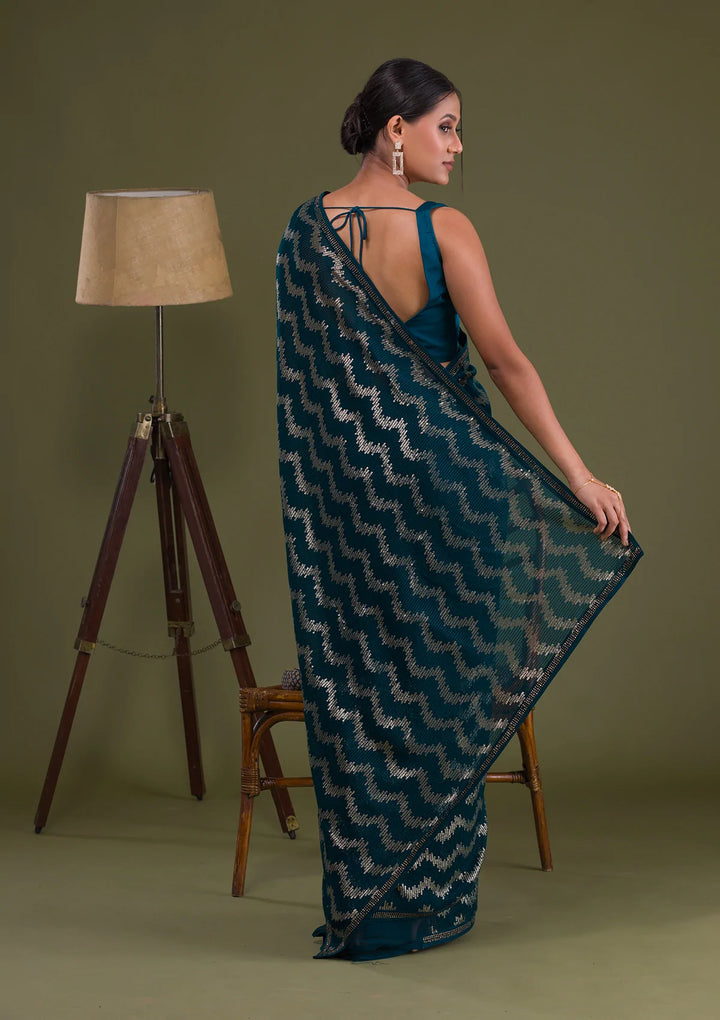 Peacock Blue Sequins Georgette Saree-Koskii