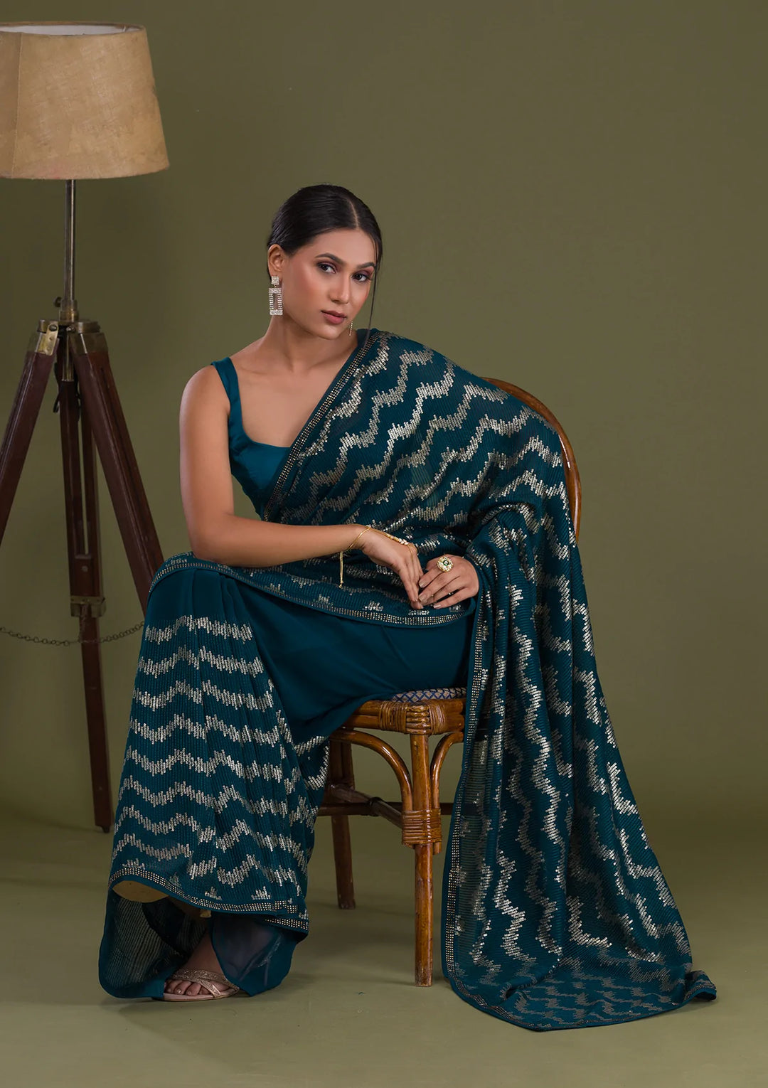 Peacock Blue Sequins Georgette Saree-Koskii
