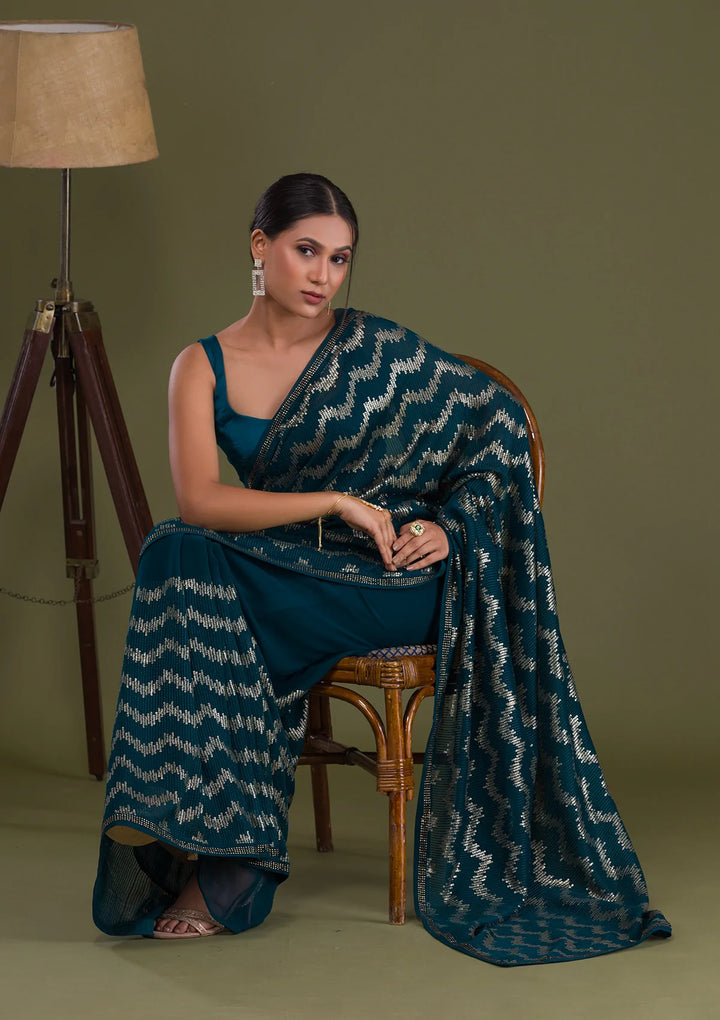 Peacock Blue Sequins Georgette Saree-Koskii