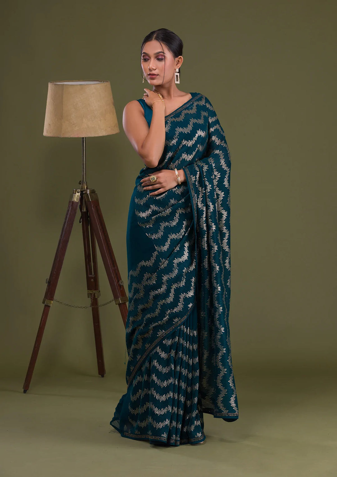 Peacock Blue Sequins Georgette Saree-Koskii