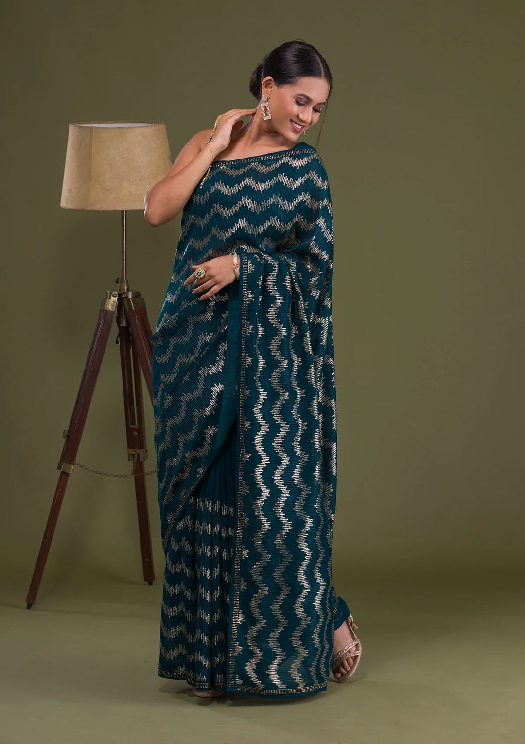 Peacock Blue Sequins Georgette Saree-Koskii
