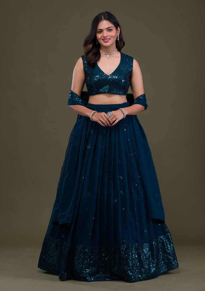 Peacock Blue Sequins Georgette Semi-Stitched Lehenga-Koskii