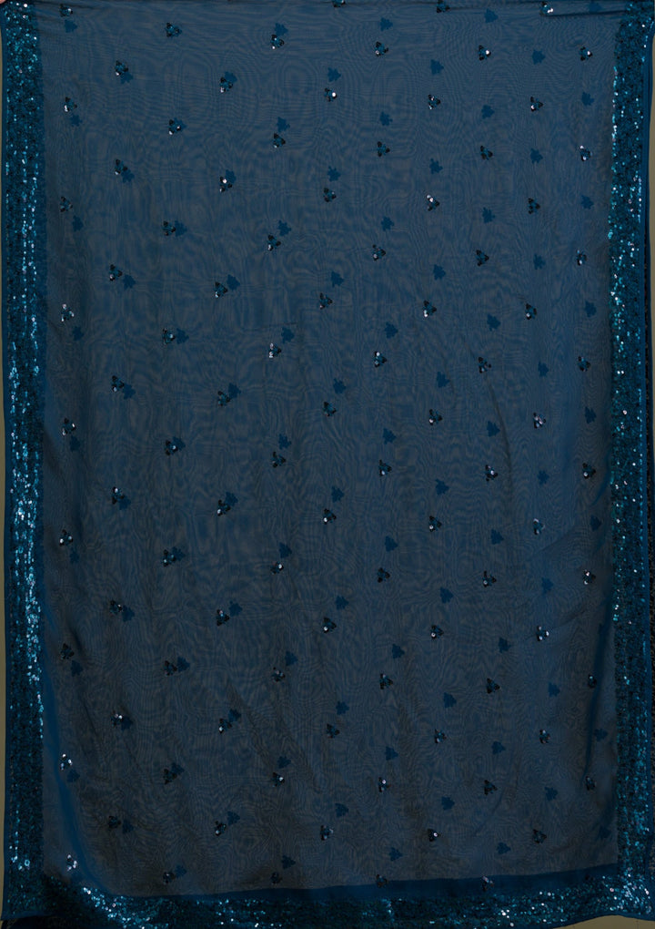 Peacock Blue Sequins Georgette Semi-Stitched Lehenga-Koskii