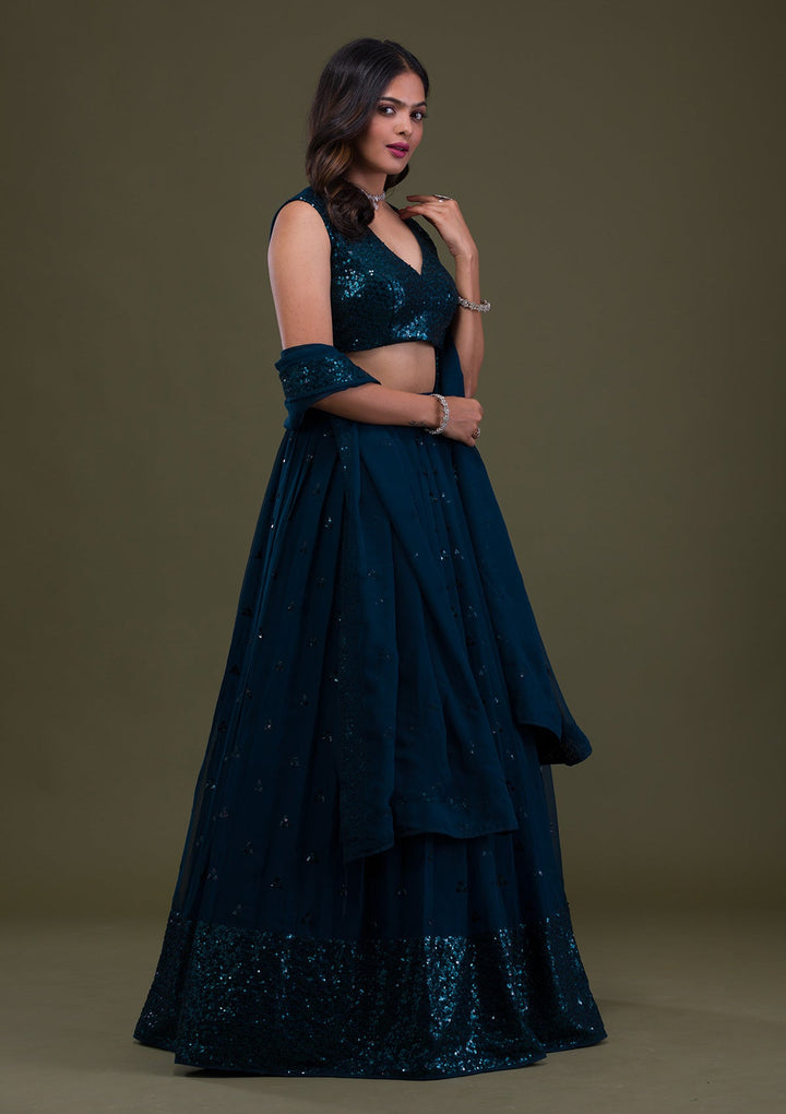 Peacock Blue Sequins Georgette Semi-Stitched Lehenga-Koskii