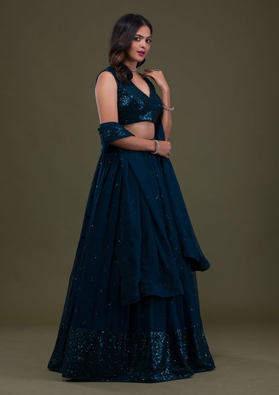 Peacock Blue Sequins Georgette Semi-Stitched Lehenga-Koskii