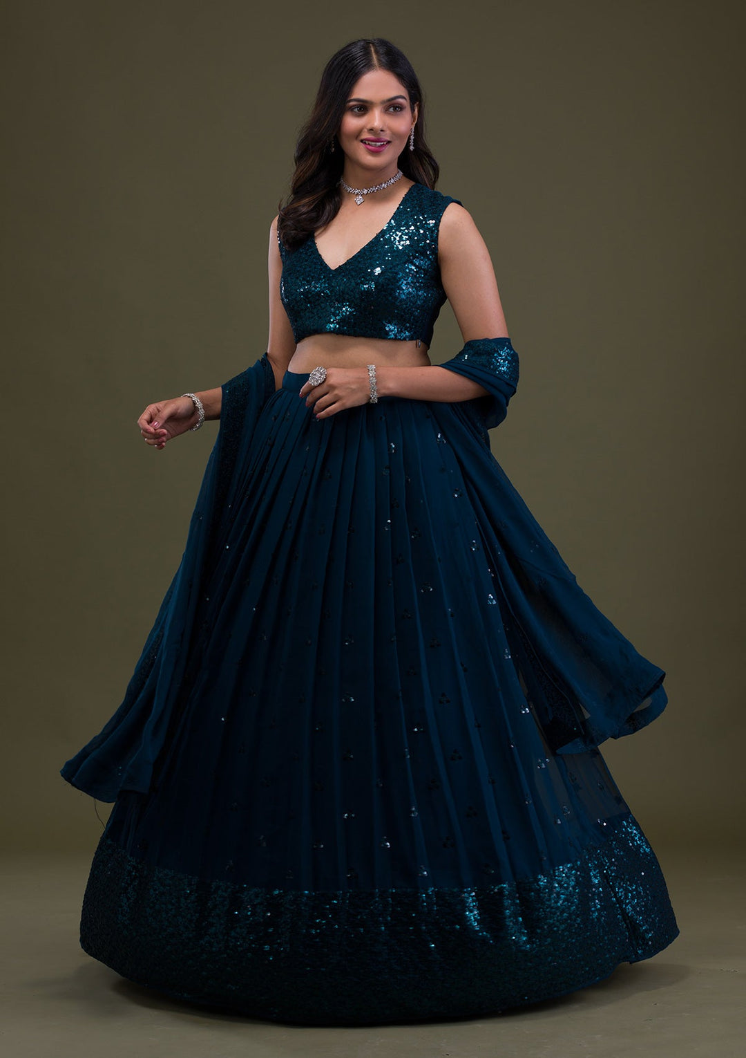 Peacock Blue Sequins Georgette Semi-Stitched Lehenga-Koskii