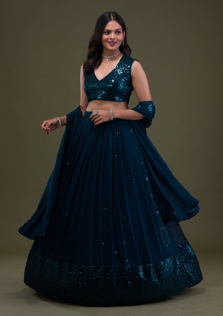 Peacock Blue Sequins Georgette Semi-Stitched Lehenga-Koskii