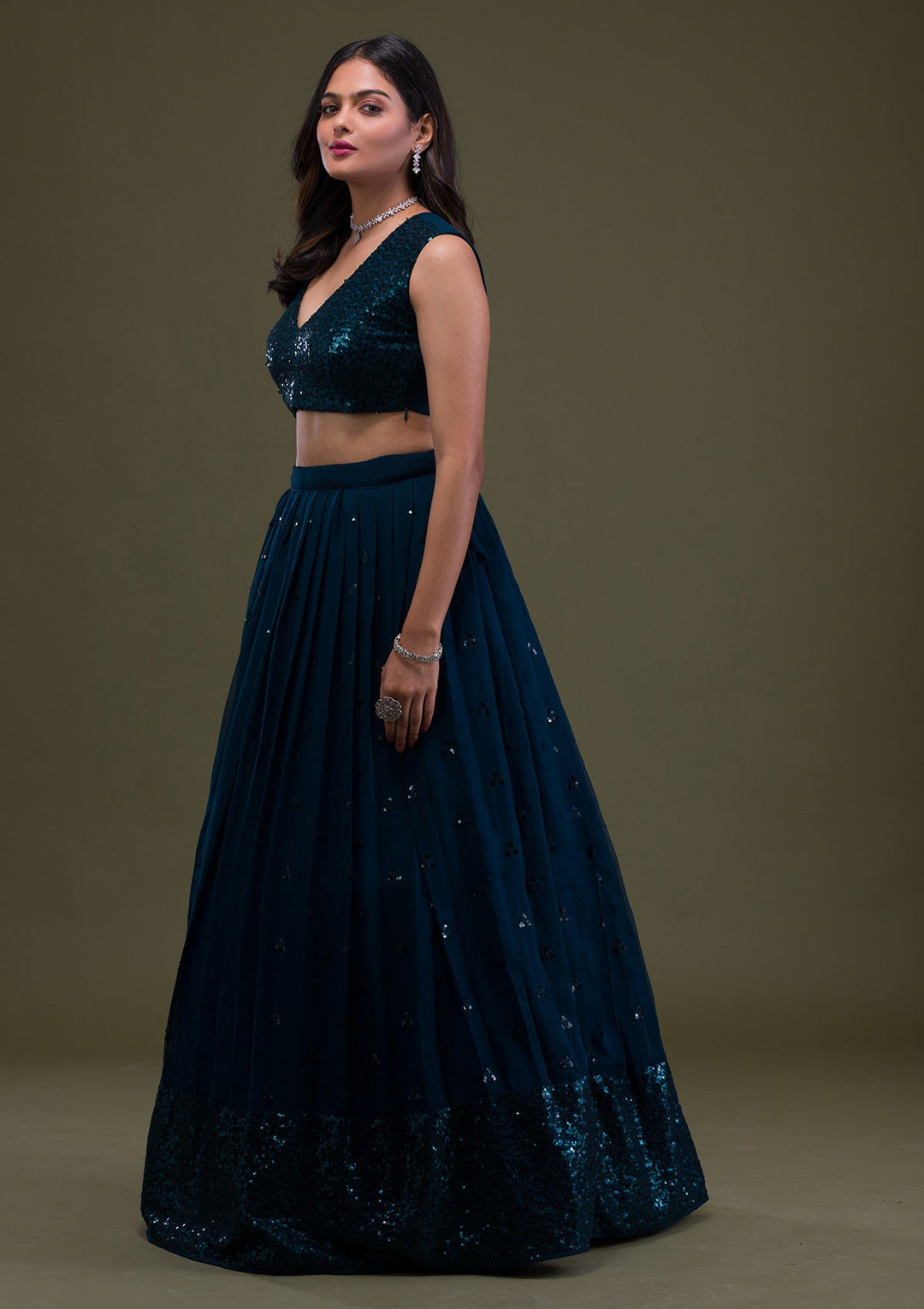 Peacock Blue Sequins Georgette Semi-Stitched Lehenga-Koskii