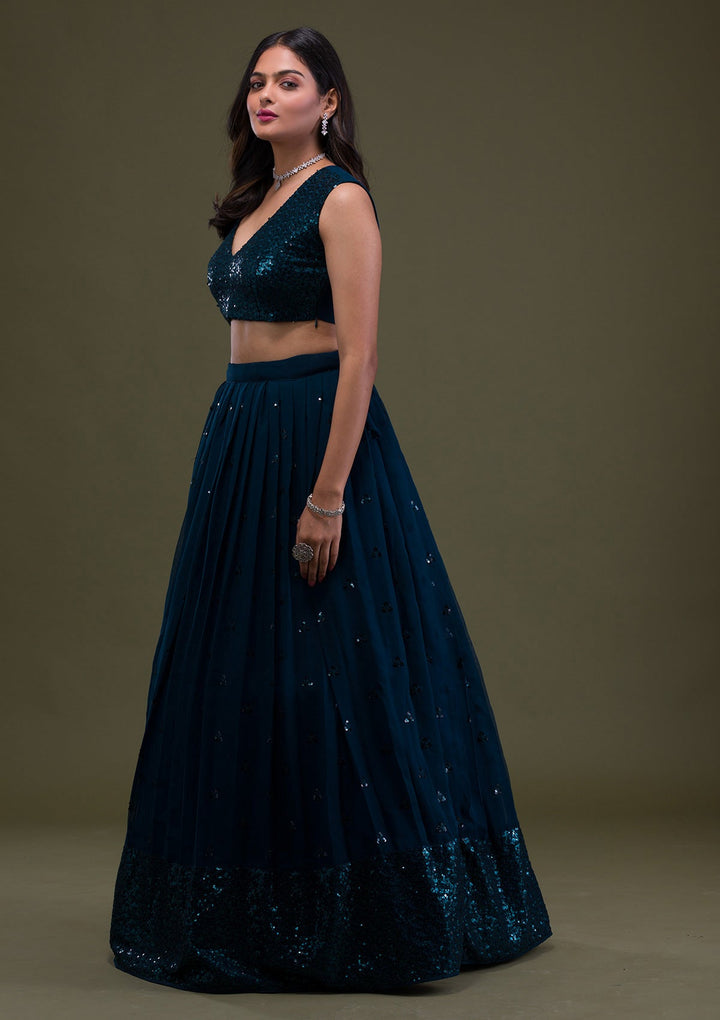 Peacock Blue Sequins Georgette Semi-Stitched Lehenga-Koskii