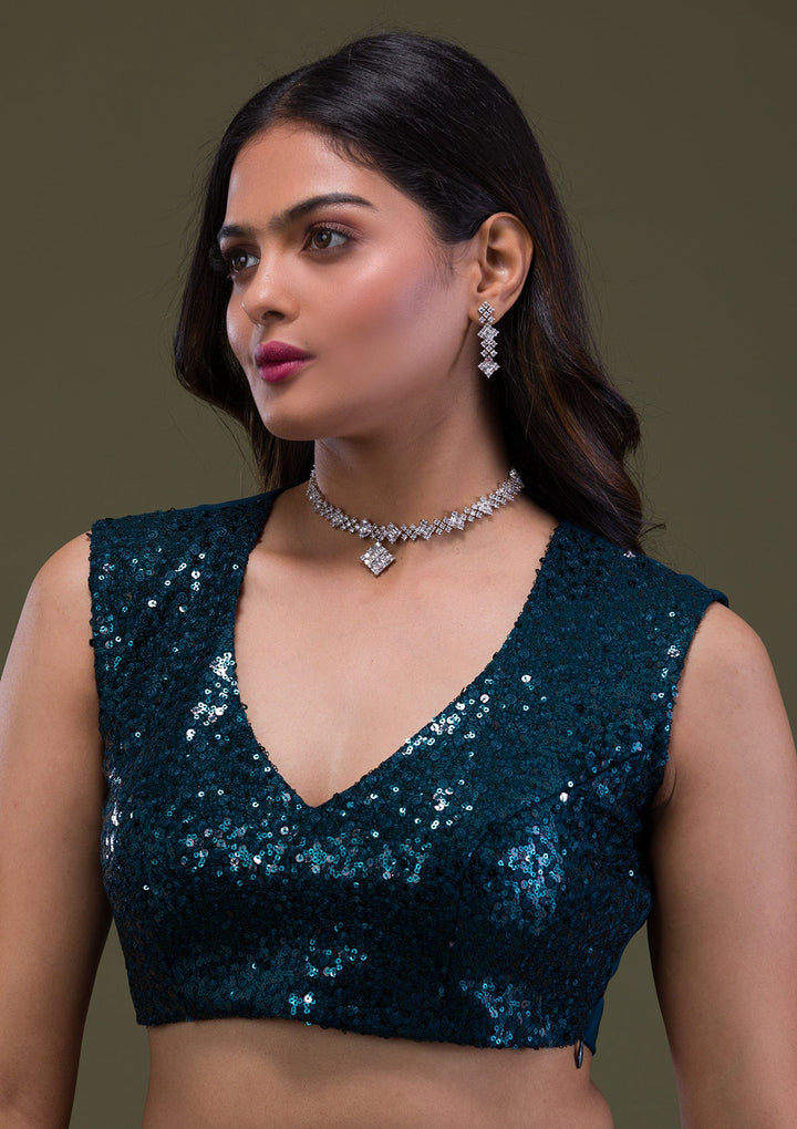 Peacock Blue Sequins Georgette Semi-Stitched Lehenga-Koskii
