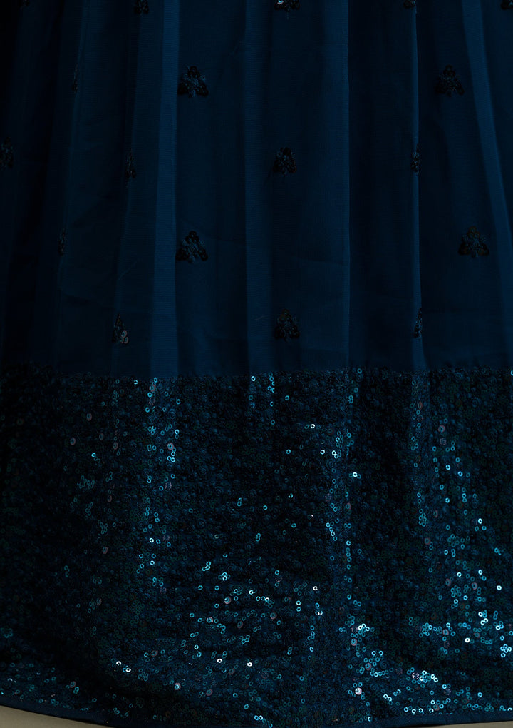 Peacock Blue Sequins Georgette Semi-Stitched Lehenga-Koskii