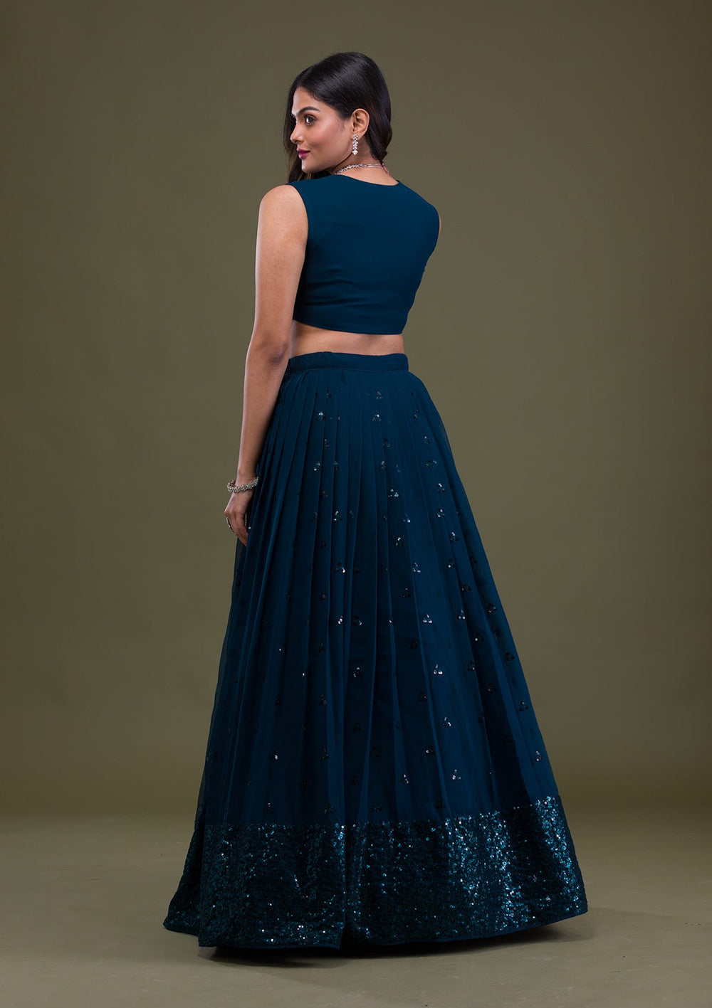 Peacock Blue Sequins Georgette Semi-Stitched Lehenga-Koskii