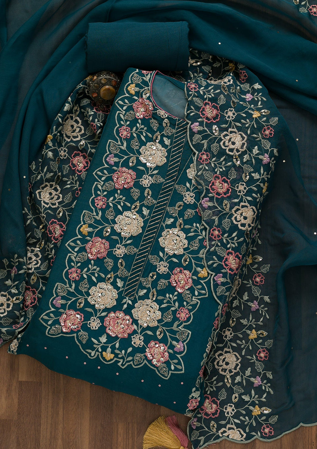Peacock Blue Sequins Organza Unstitched Salwar Kameez-Koskii
