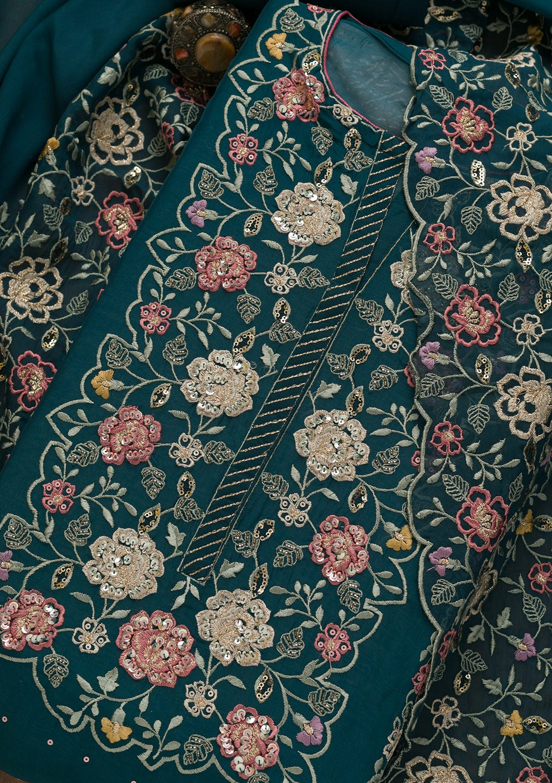 Peacock Blue Sequins Organza Unstitched Salwar Kameez-Koskii