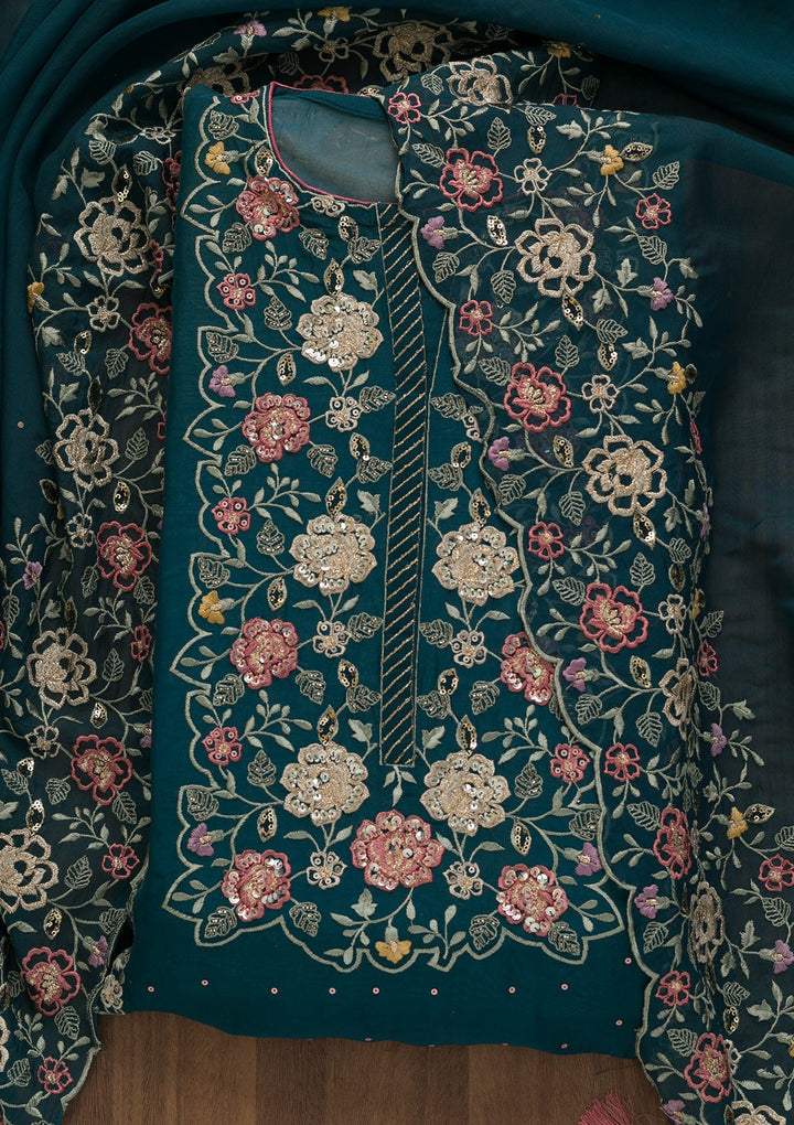 Peacock Blue Sequins Organza Unstitched Salwar Kameez-Koskii