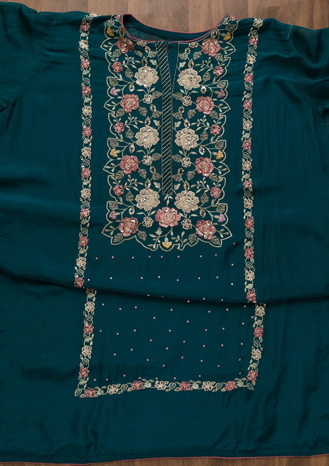 Peacock Blue Sequins Organza Unstitched Salwar Kameez-Koskii