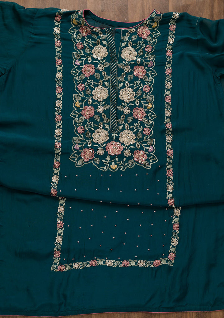 Peacock Blue Sequins Organza Unstitched Salwar Kameez-Koskii