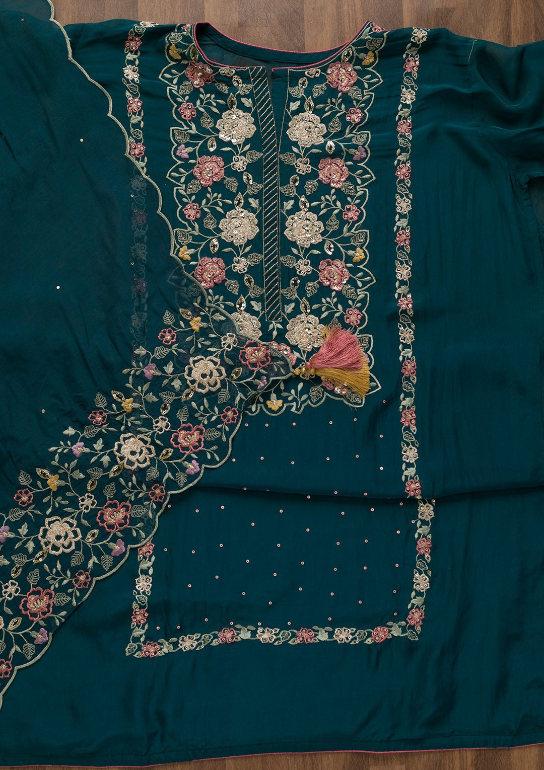 Peacock Blue Sequins Organza Unstitched Salwar Kameez-Koskii