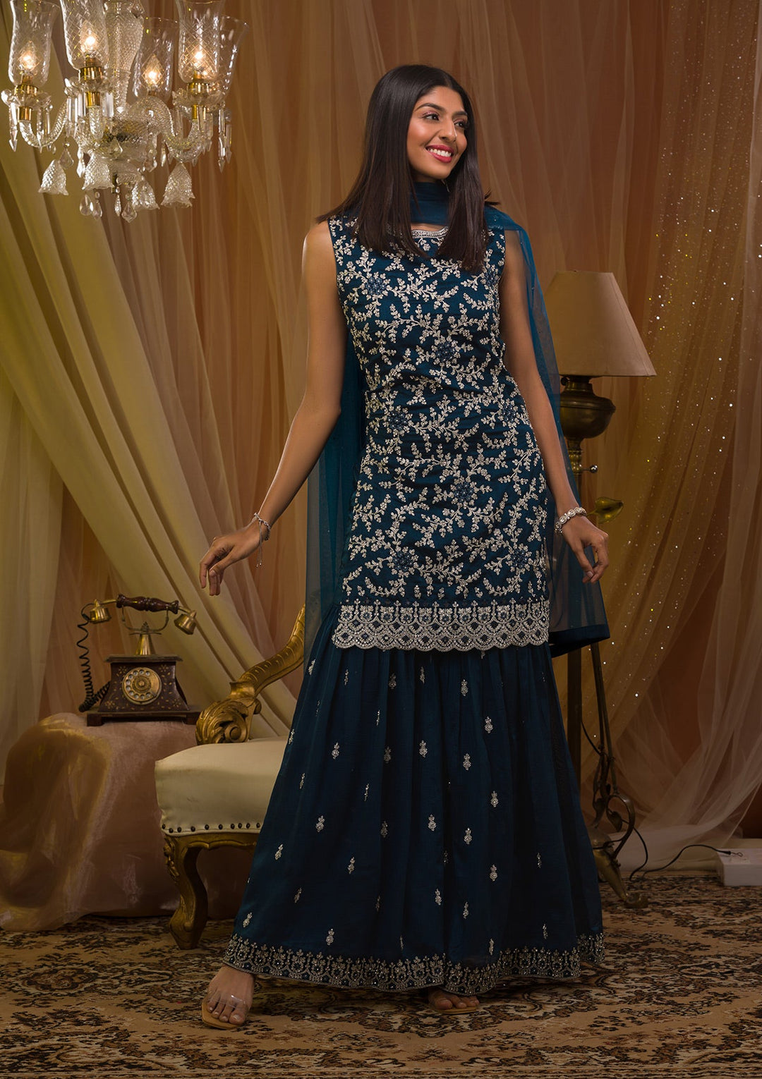 Peacock Blue Silver Zariwork Raw Silk Readymade Salwar Kameez-Koskii