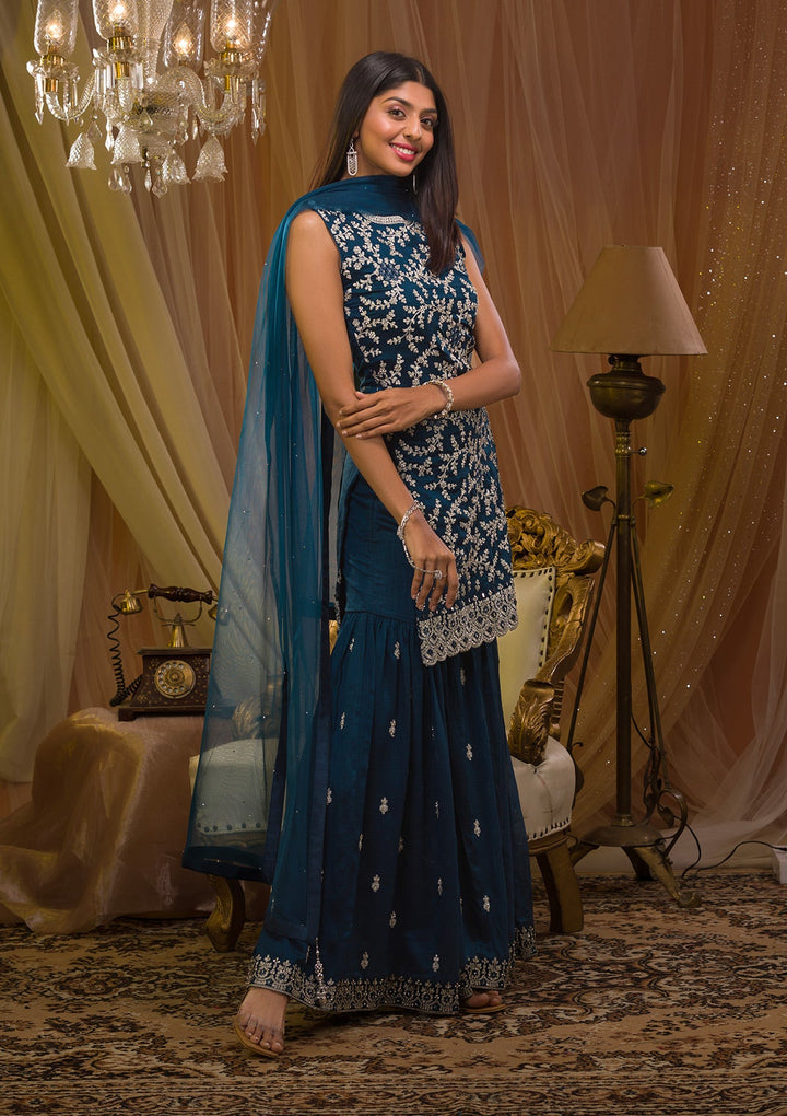 Peacock Blue Silver Zariwork Raw Silk Readymade Salwar Kameez-Koskii