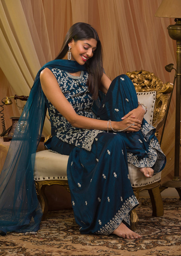 Peacock Blue Silver Zariwork Raw Silk Readymade Salwar Kameez-Koskii