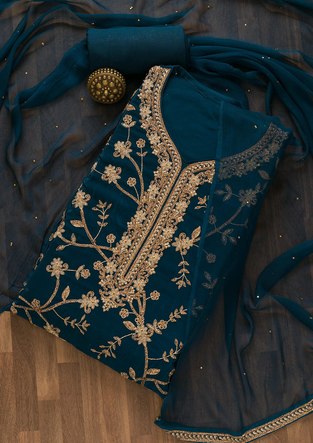 Peacock Blue Stonework Crepe Unstitched Salwar Kameez-Koskii
