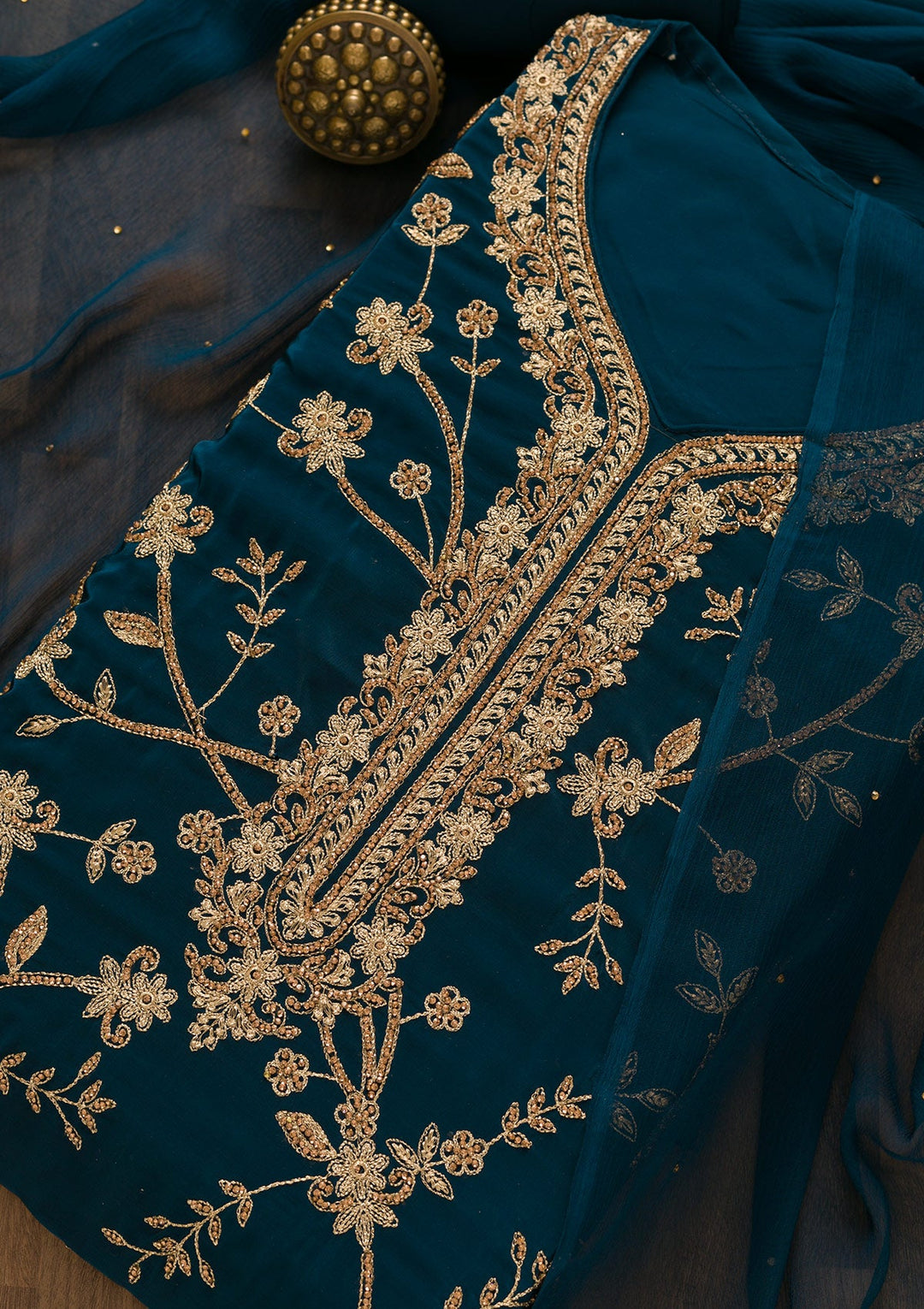 Peacock Blue Stonework Crepe Unstitched Salwar Kameez-Koskii