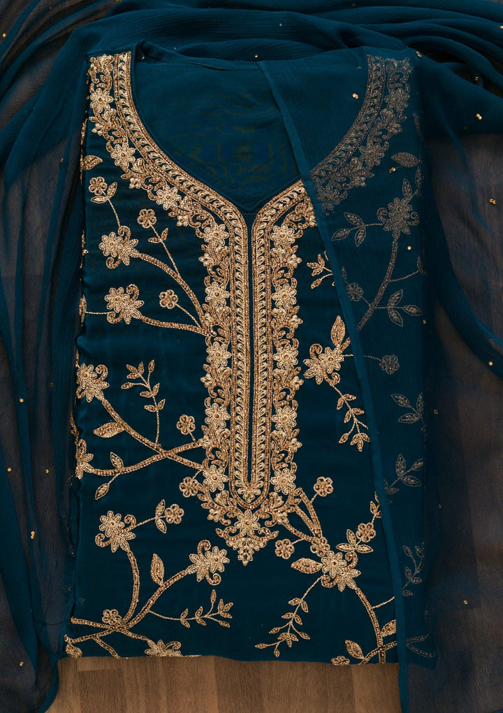 Peacock Blue Stonework Crepe Unstitched Salwar Kameez-Koskii
