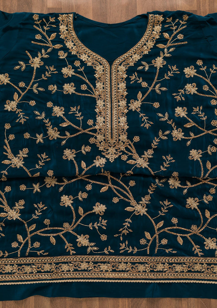 Peacock Blue Stonework Crepe Unstitched Salwar Kameez-Koskii