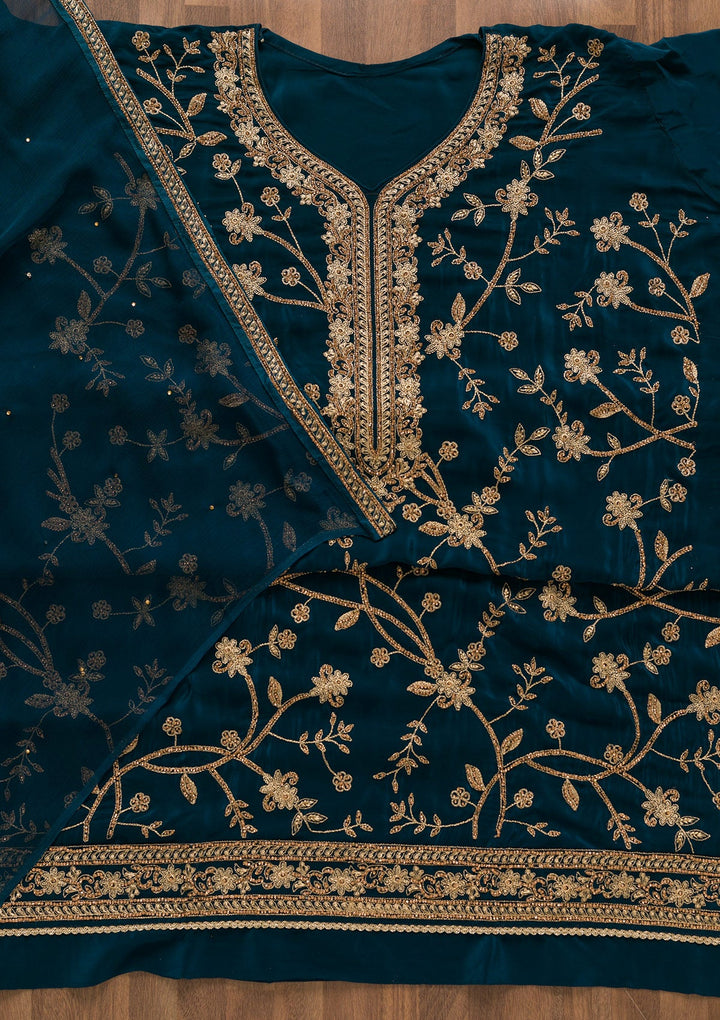 Peacock Blue Stonework Crepe Unstitched Salwar Kameez-Koskii