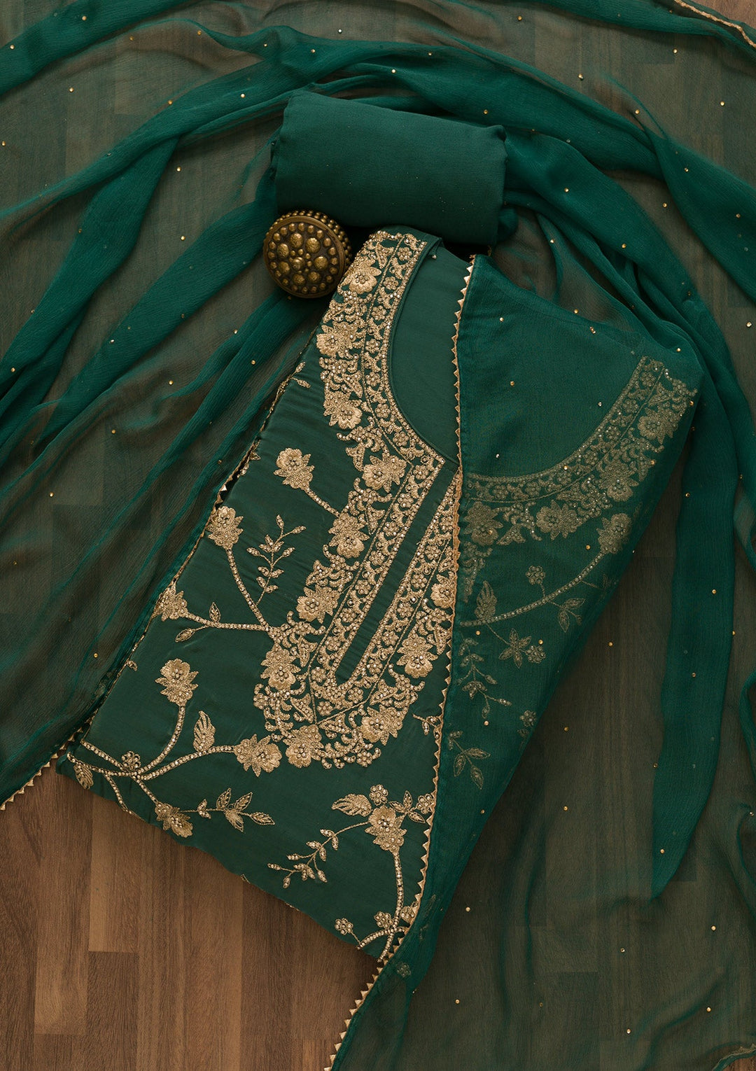 Peacock Blue Stonework Semi Crepe Unstitched Salwar Kameez-Koskii