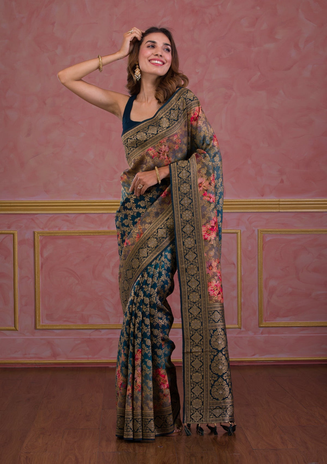 Rama Green Sequins Georgette Designer Saree-Koskii