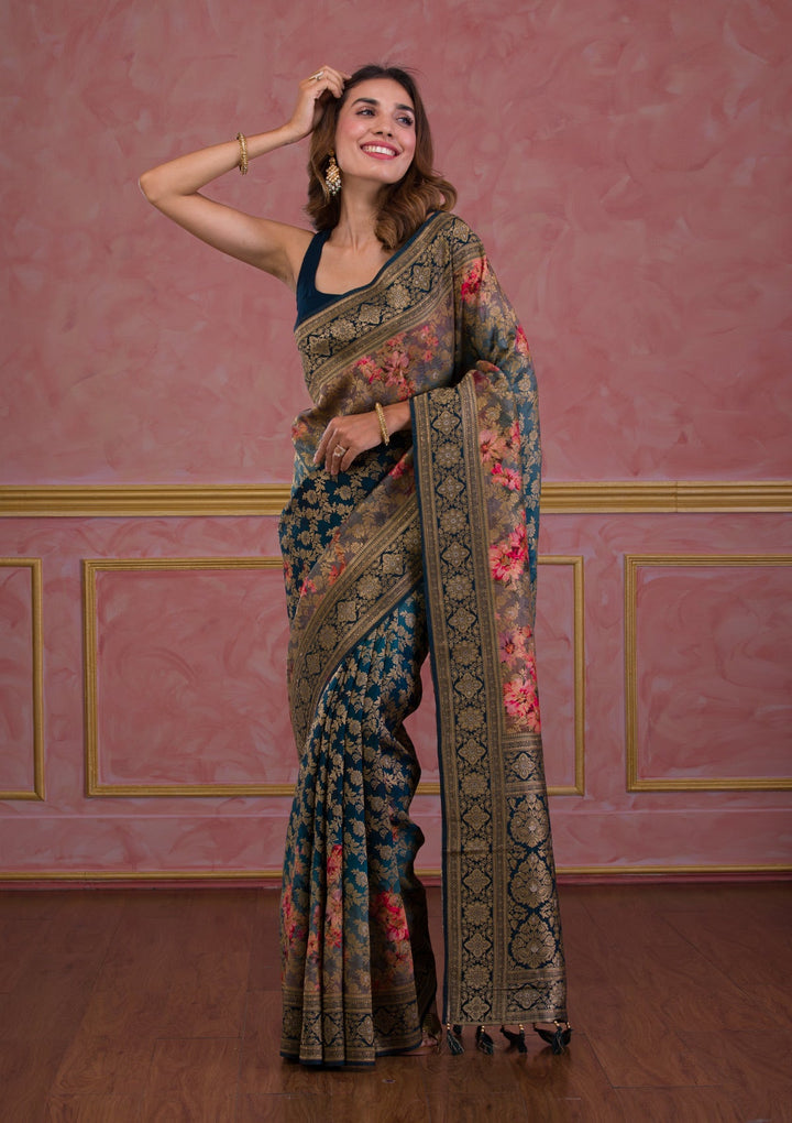 Rama Green Sequins Georgette Designer Saree-Koskii