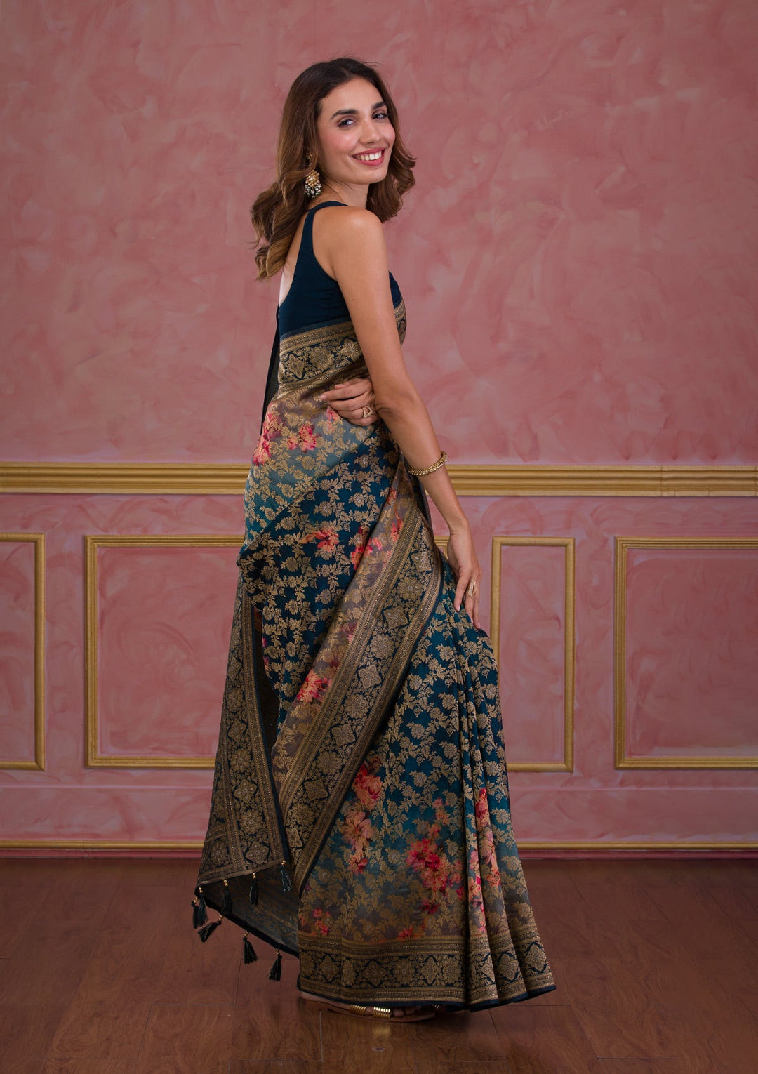 Baby Pink Sequins Chiffon Designer Saree-Koskii