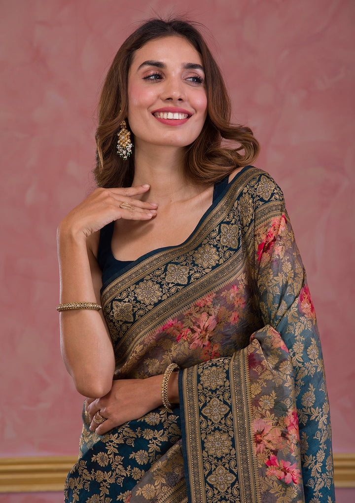 Rama Green Sequins Georgette Designer Saree-Koskii