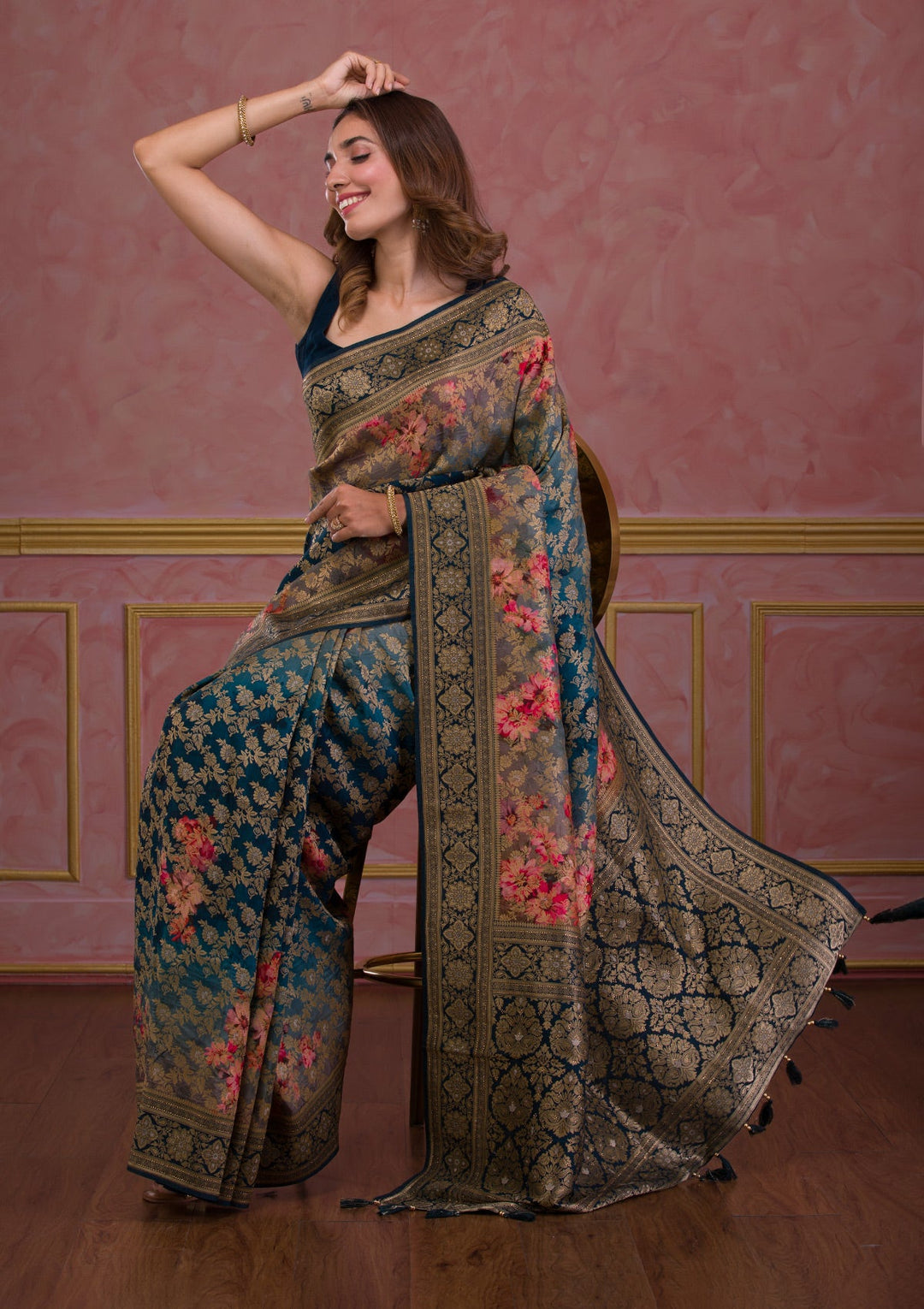 Peacock Blue Swarovski Banarasi Silk Saree-Koskii